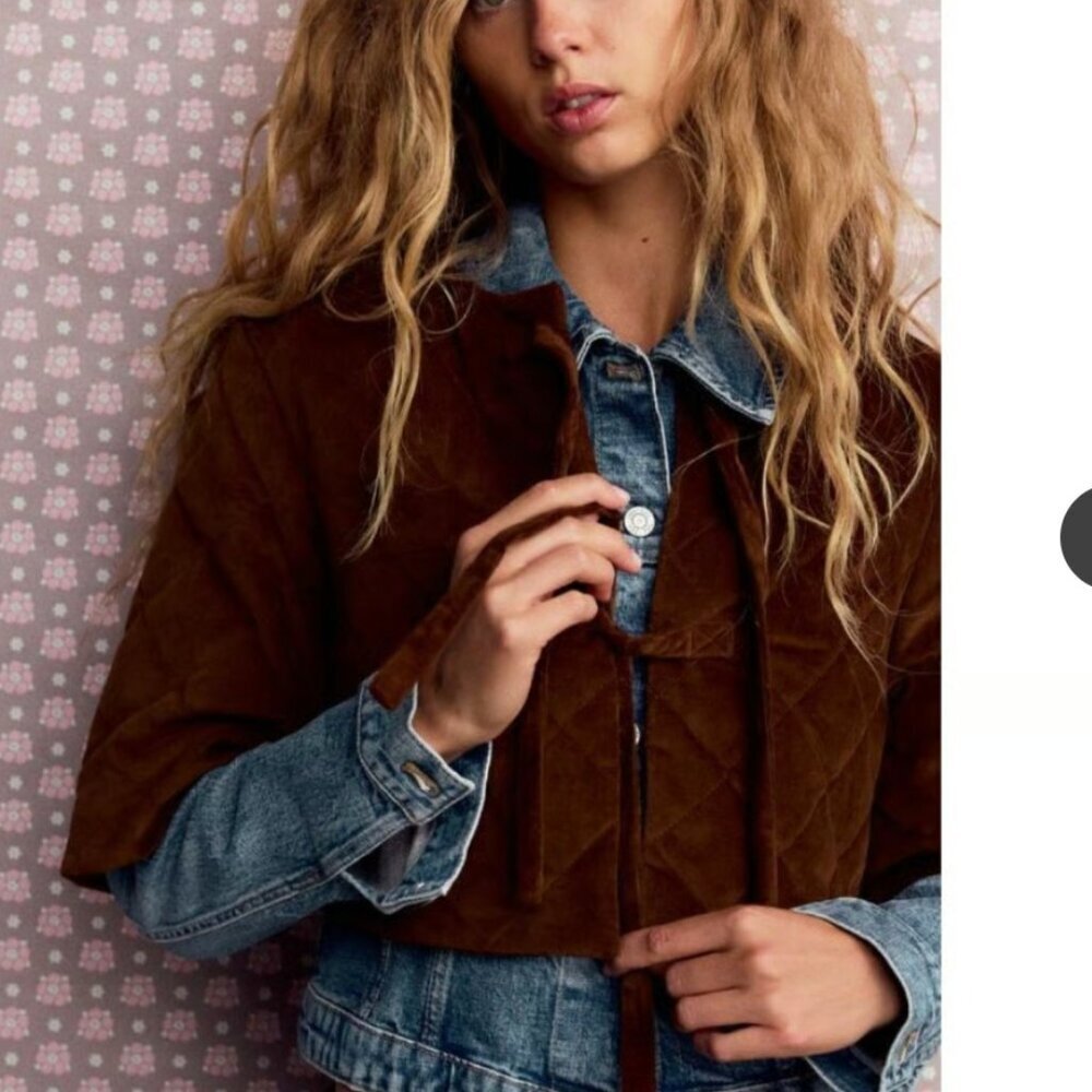 ZARA Warm Brown Quilted Short Sleeve Tie Front Puff Cropped Cardigan Jacket S